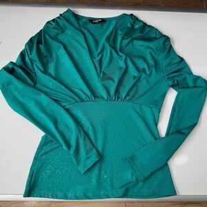 CHICME Teal‎ Sparkle Ruched V Neck Long Sleeve Shirt Blouse Size M